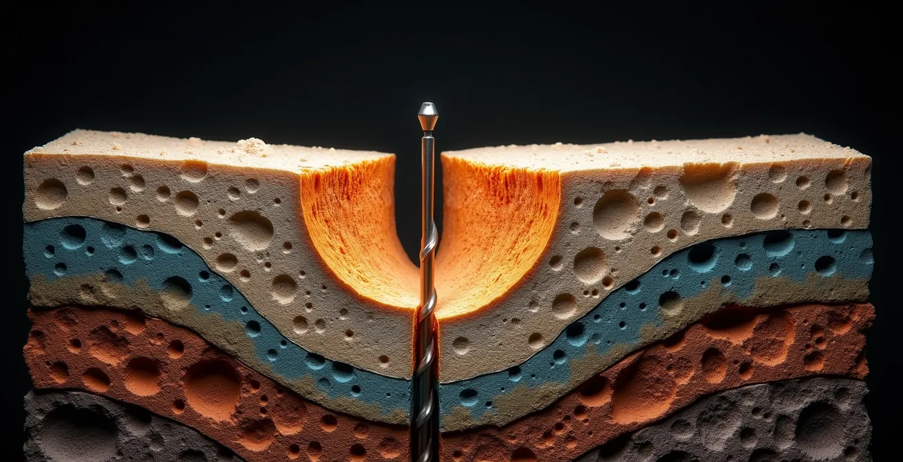 Coupe géologique montrant la trajectoire déviée d'un forage à travers différentes strates rocheuses
