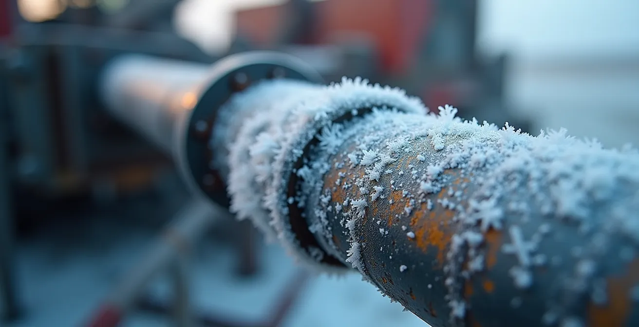 Travailleurs en équipement de protection contre le froid extrême sur site de forage
