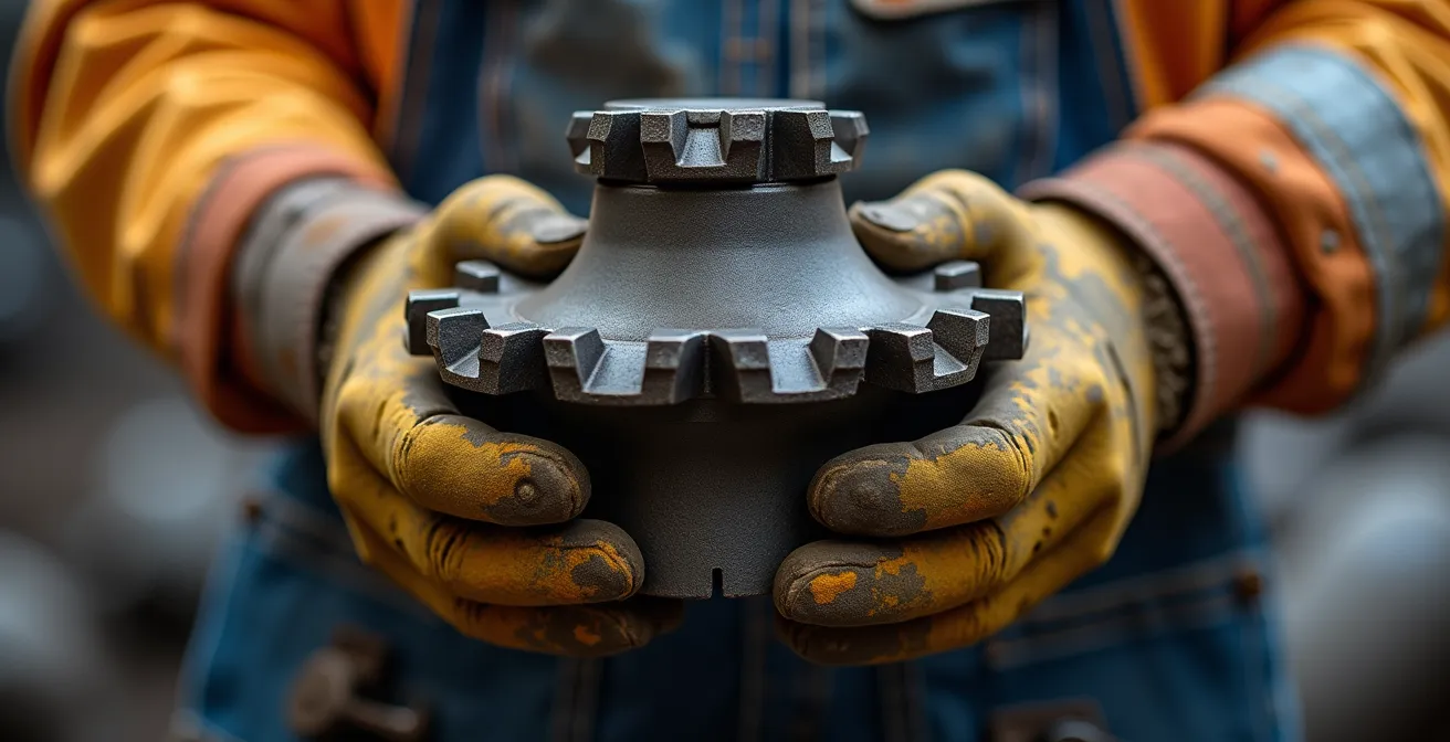 Vue détaillée d'un tricône en action montrant les trois cônes dentés broyant la roche