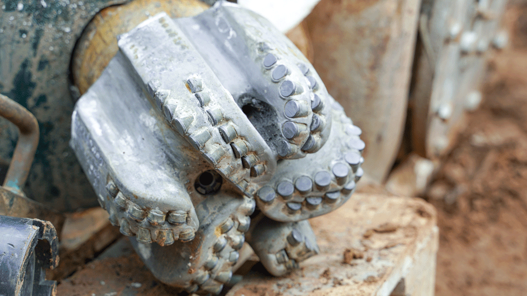 Trépan de forage pétrolier avec usure visible montrant texture métal authentique