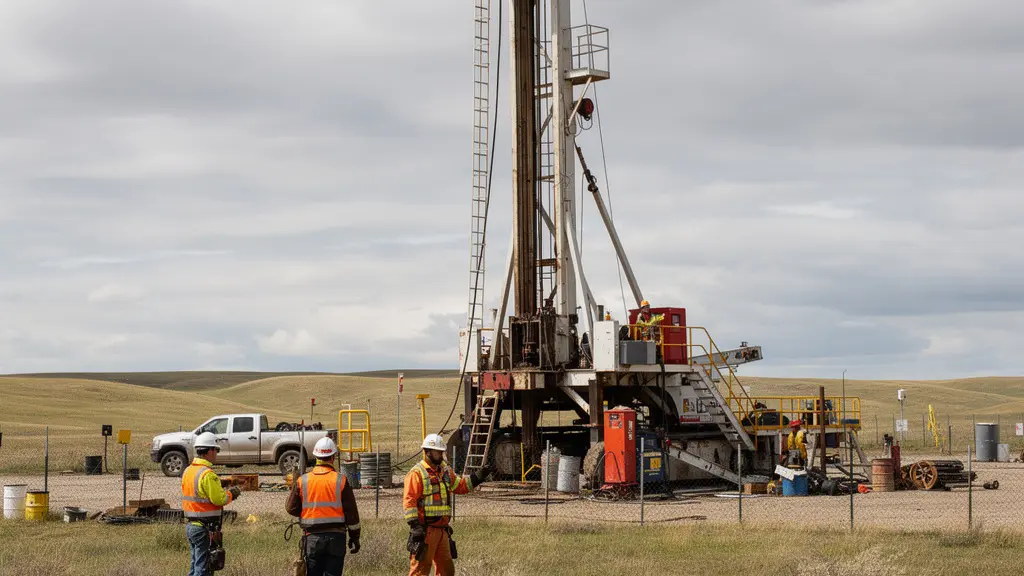 Derrick de forage pétrolier en activité dans les prairies albertaines avec équipe technique visible
