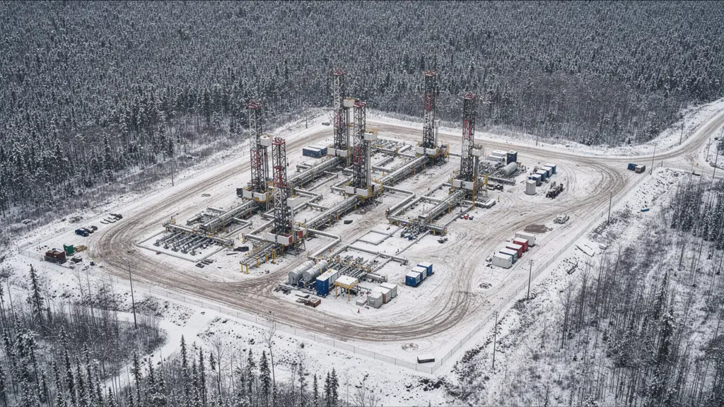 Plateforme multi-pad avec plusieurs puits visibles en vue semi-aérienne forêt boréale