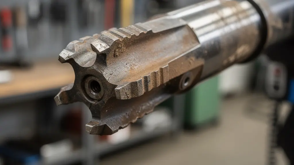 Trépan de forage pétrolier avec usure visible montrant texture métal authentique